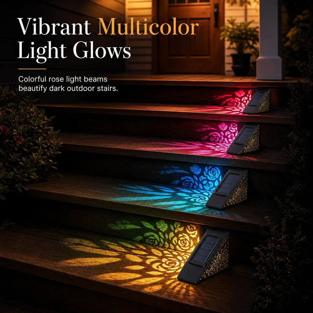 Colorful floral light patterns decorating a sequence of outdoor steps