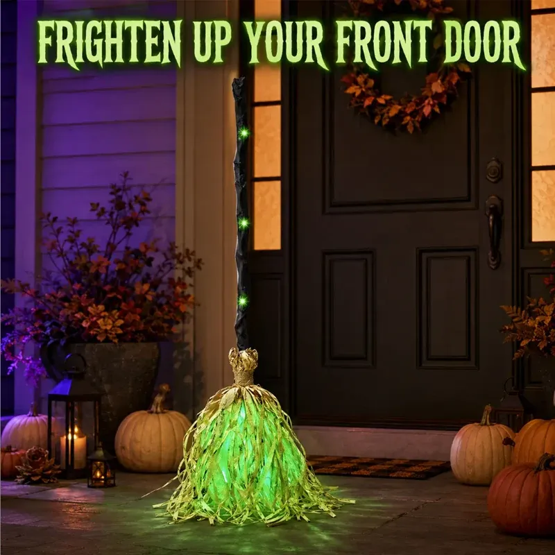 Battery powered Halloween witch broom decoration