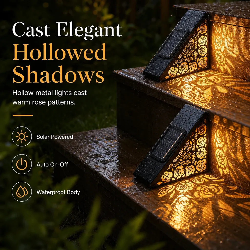 Solar step lights casting decorative floral patterns across outdoor steps