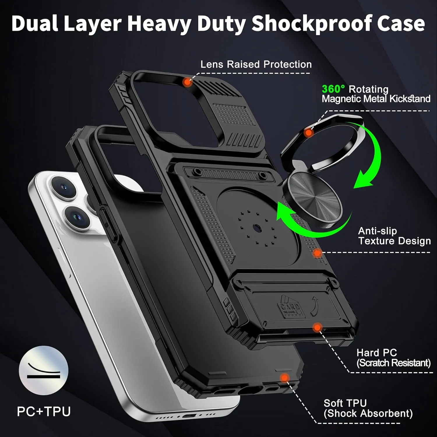 Phone Cases for iPhone 17 Pro Max 16 16E15 14 13 12 11 Pro Max Plus Wallet Case with Card Holder [Store 2 Cards] + 360° Magnetic Rotatable Ring Stand Kickstand Heavy Duty Protective Wallet Phone Case for iPhone 17 Pro for Women Men, Accessories, Protectio