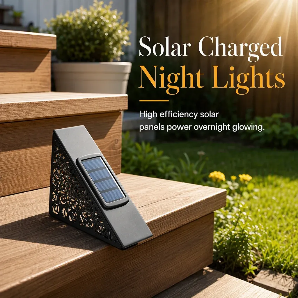 Solar panel on a decorative metal step light positioned in sunlight