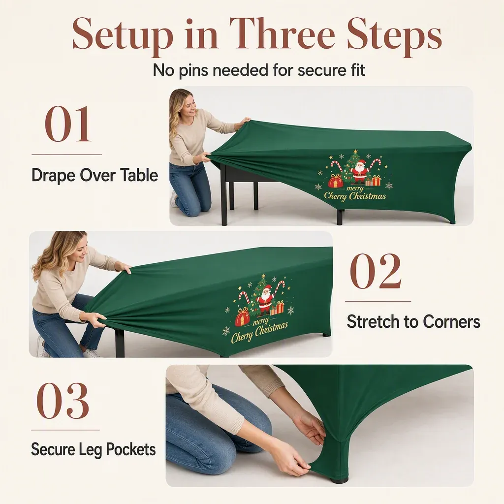 Three-step installation of a stretch fitted Christmas table cover