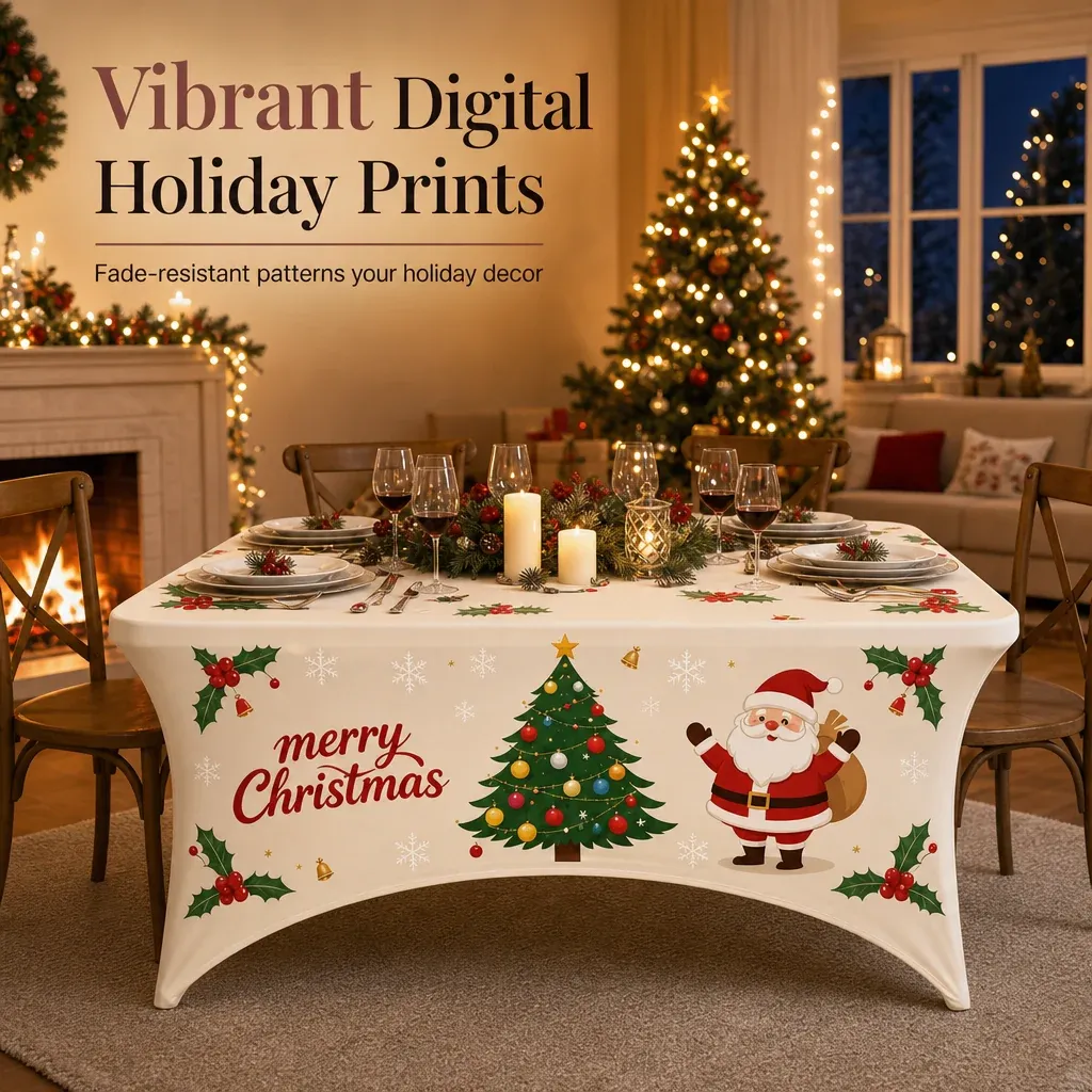 Christmas table cover featuring festive holiday print details