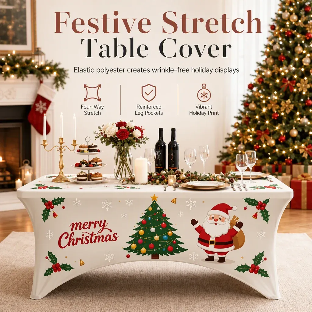 Christmas stretch fitted table cover decorating a rectangular holiday table