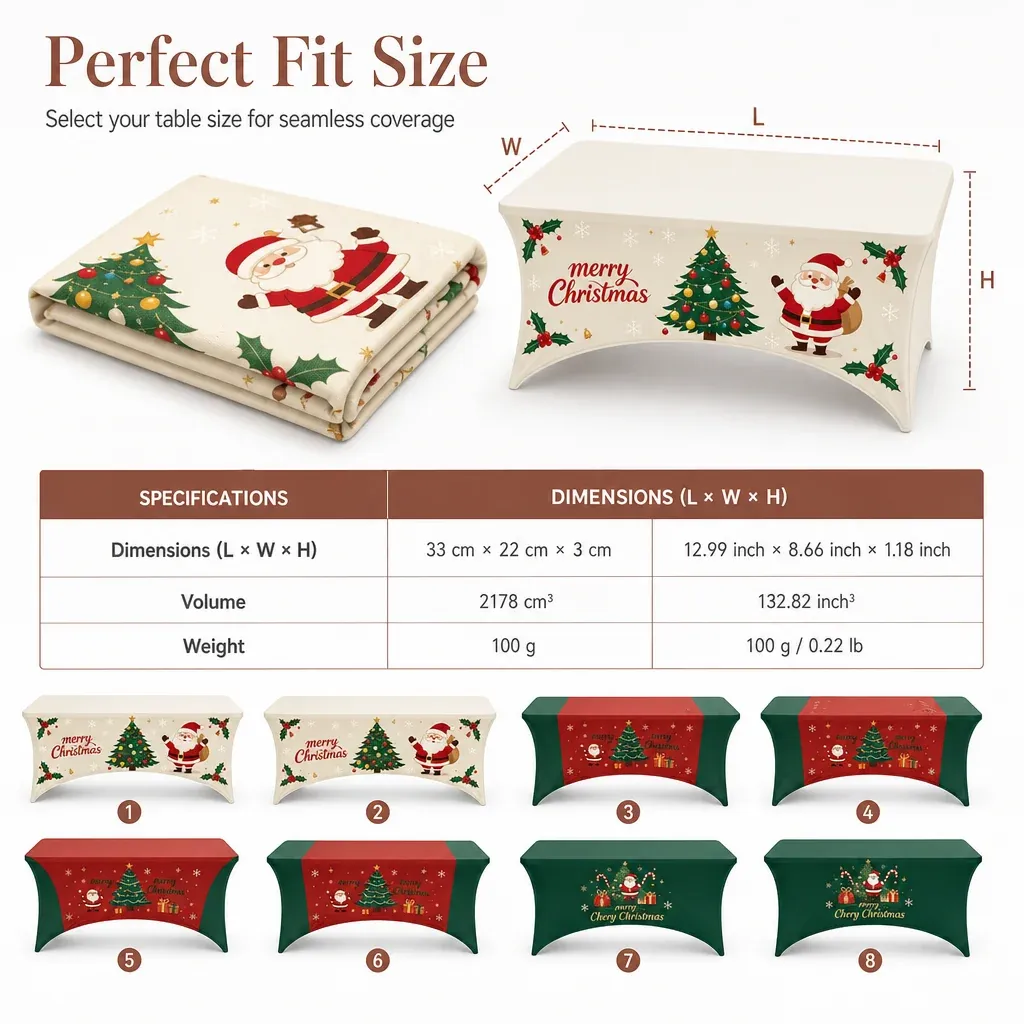 Christmas stretch fitted rectangular table covers in different sizes and color options