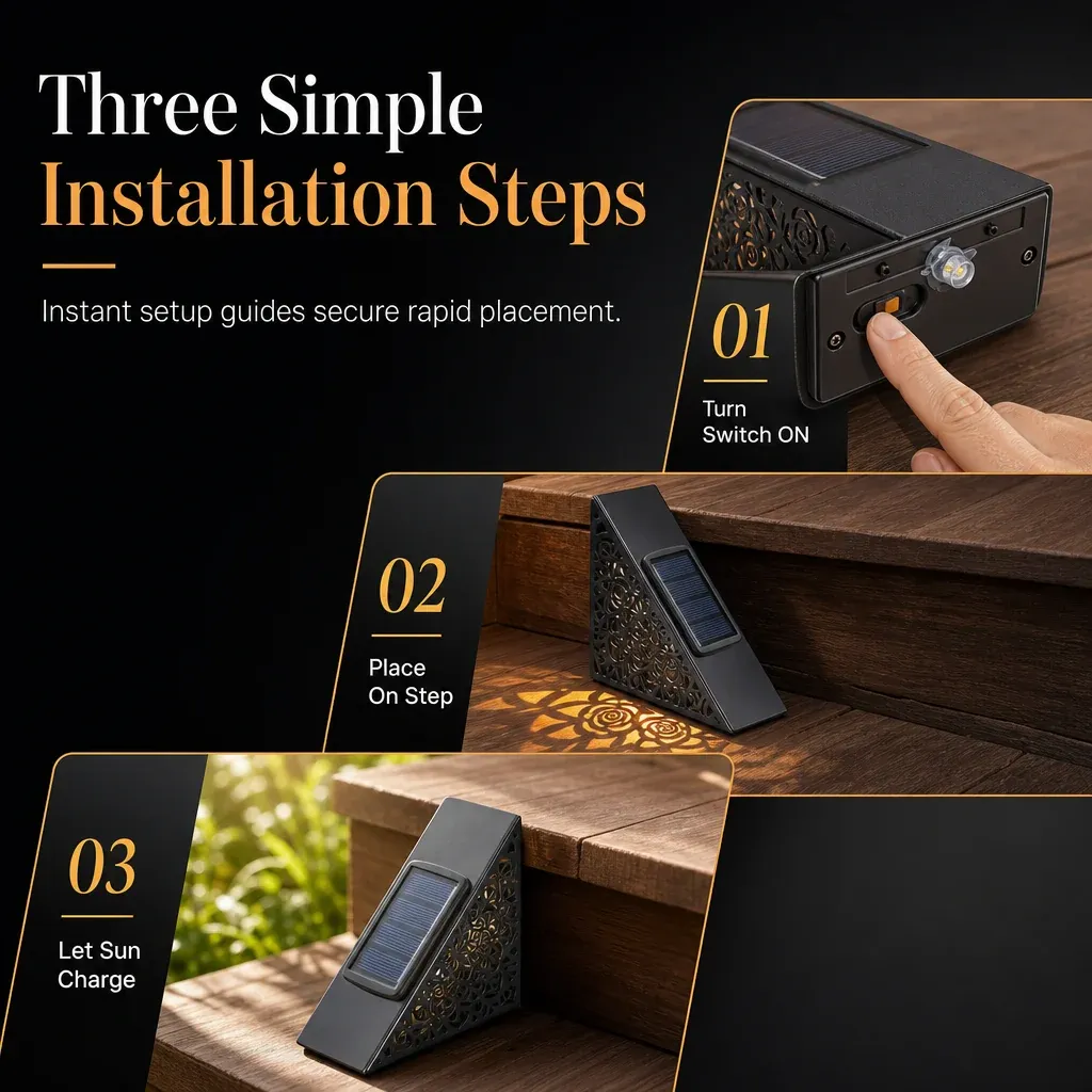 Three setup steps: switch on the solar light, place it on a step and let it charge