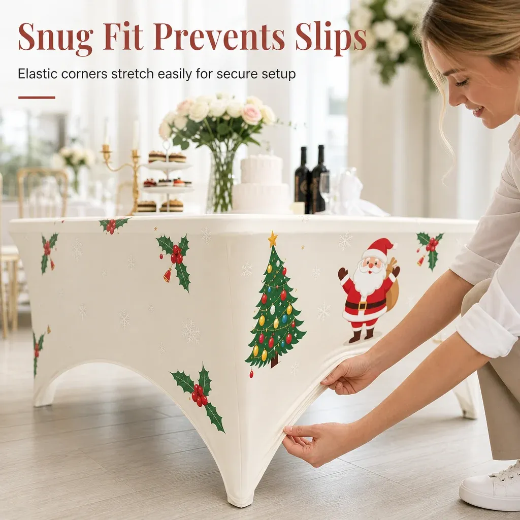 Close-up of stretch fabric fitting around a rectangular table corner